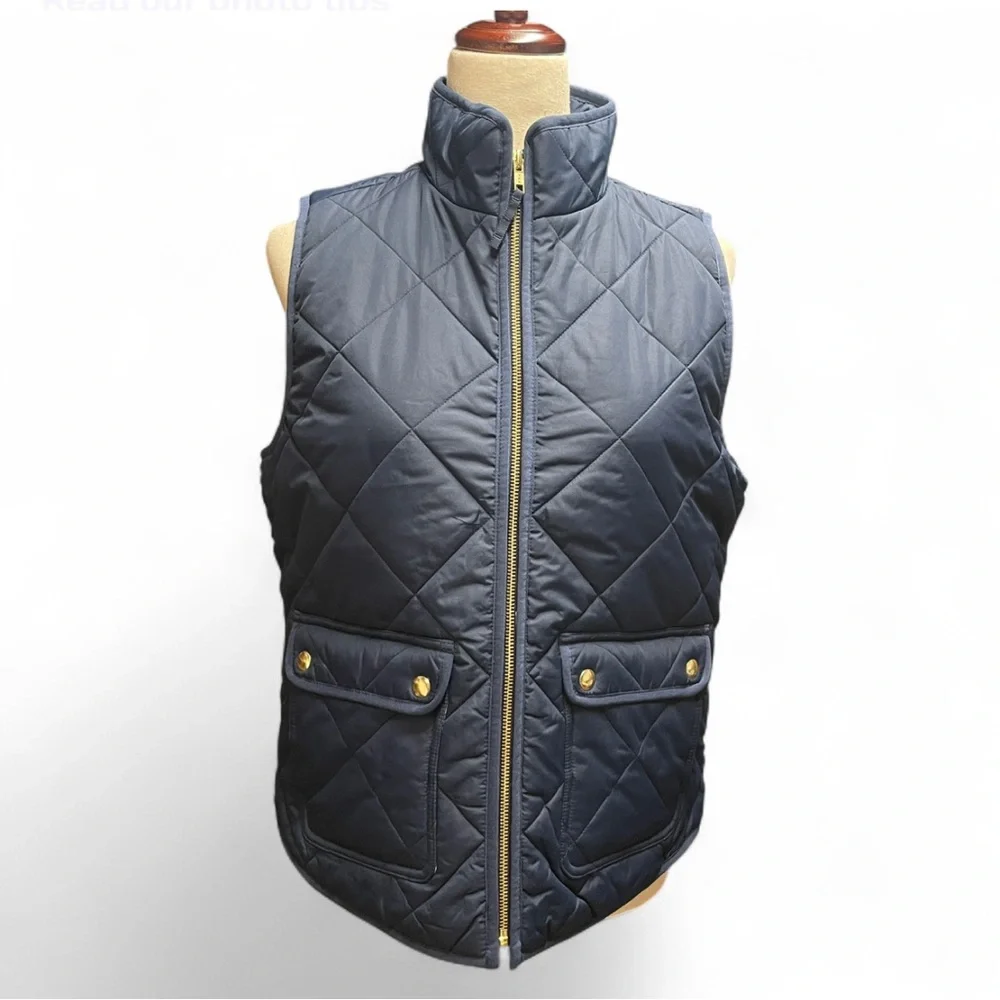 J.Crew Womens S‎ Navy Blue Puffer Zip Up Vest Gingham Print Snap Buttons Preppy